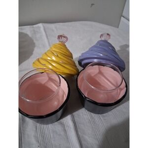 Set of 2 Cup cake candle Jars with Glass Inserts Yellow Purple Sprinkles Gem Top